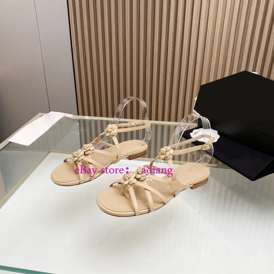 1.5cm lamb leather flower flats sandals fashion shoes women 2023 35-40 high quality