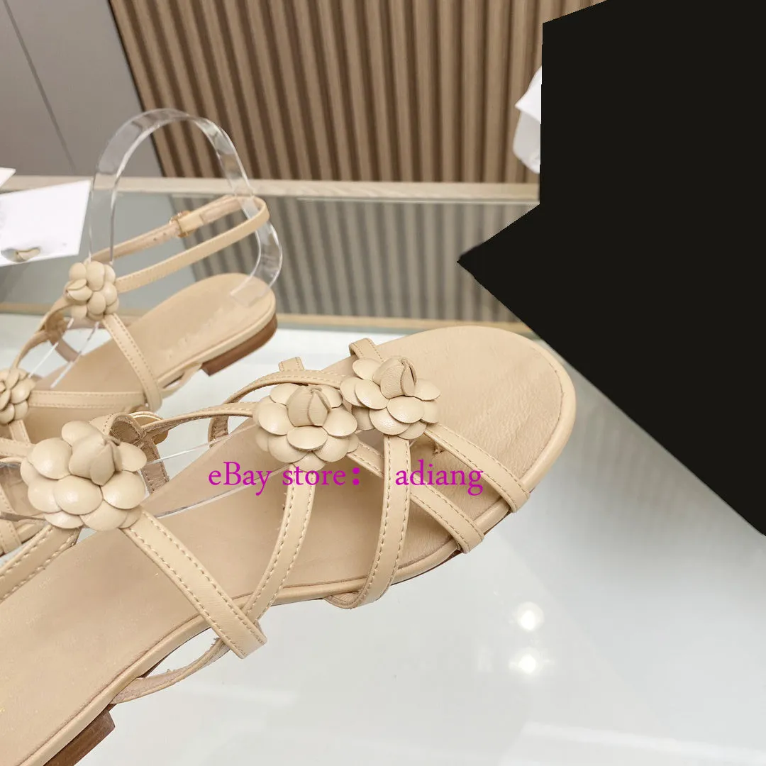 1.5cm lamb leather flower flats sandals fashion shoes women 2023 35-40 high quality