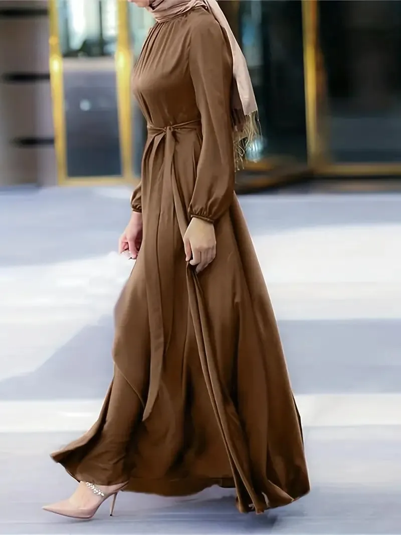 BerryBetty - Belted Crew Neck Long Sleeve Causal Dress