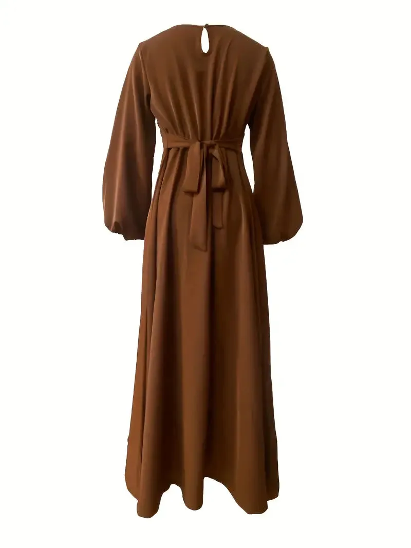BerryBetty - Belted Crew Neck Long Sleeve Causal Dress