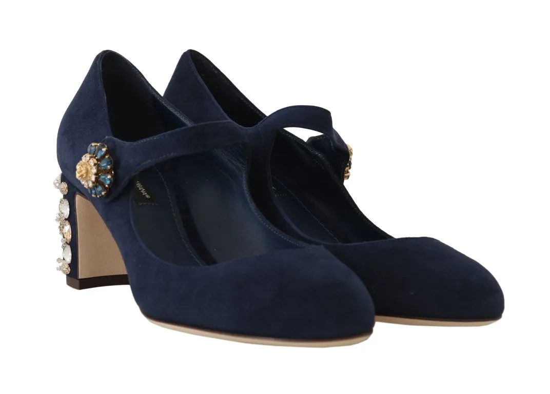 Blue Suede Crystal Mary Janes Pumps