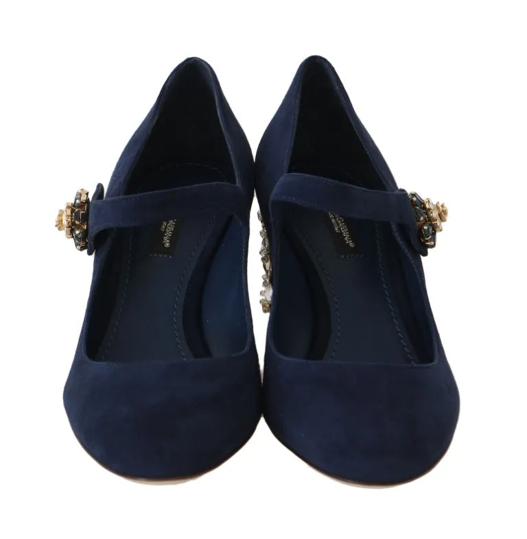 Blue Suede Crystal Mary Janes Pumps