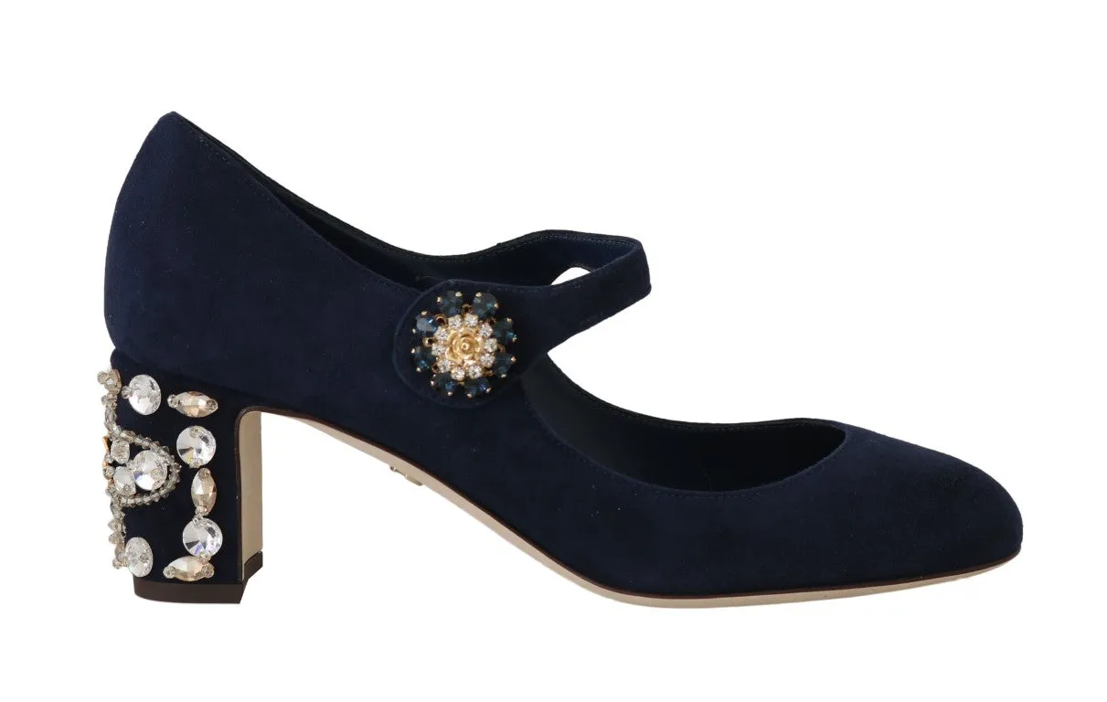 Blue Suede Crystal Mary Janes Pumps