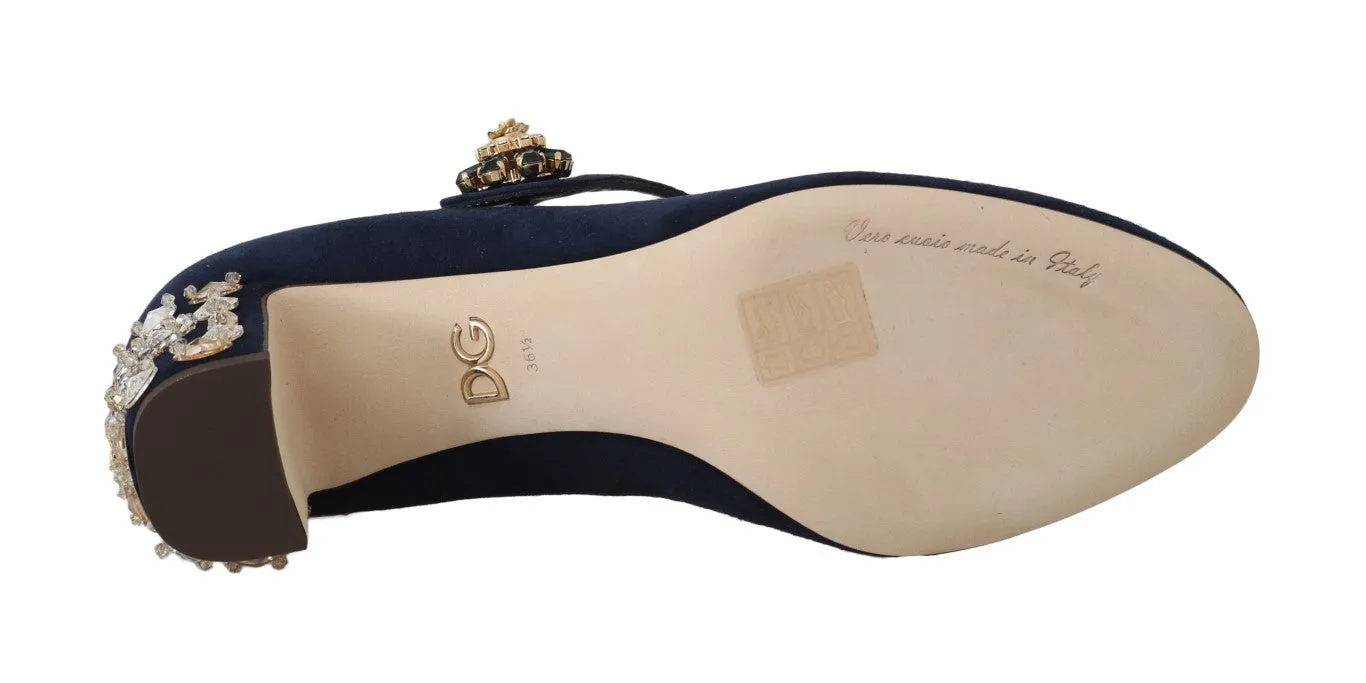 Blue Suede Crystal Mary Janes Pumps