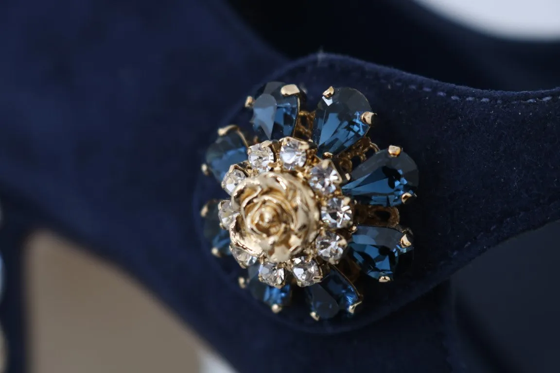 Blue Suede Crystal Mary Janes Pumps