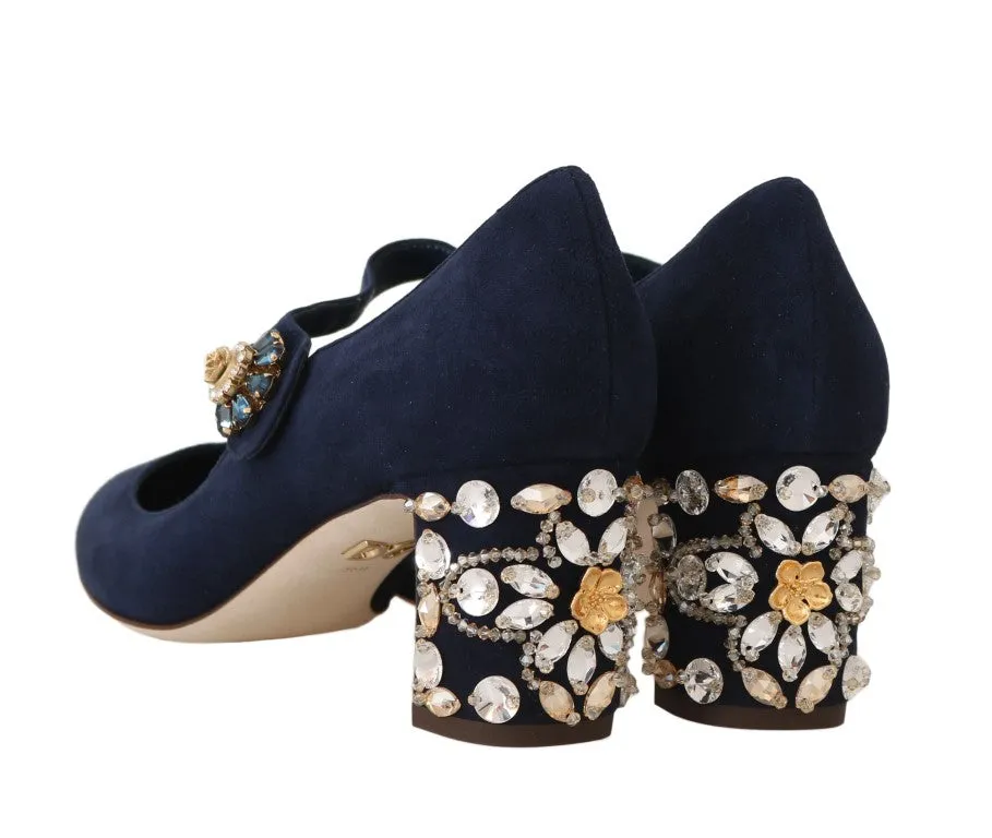 Blue Suede Crystal Mary Janes Pumps