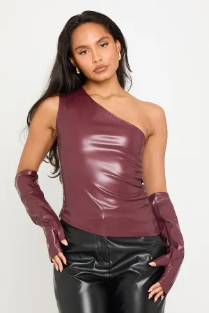 Burgundy Faux Leather One-Shoulder Top | Matching Gloves | Bold Night-Out Glam