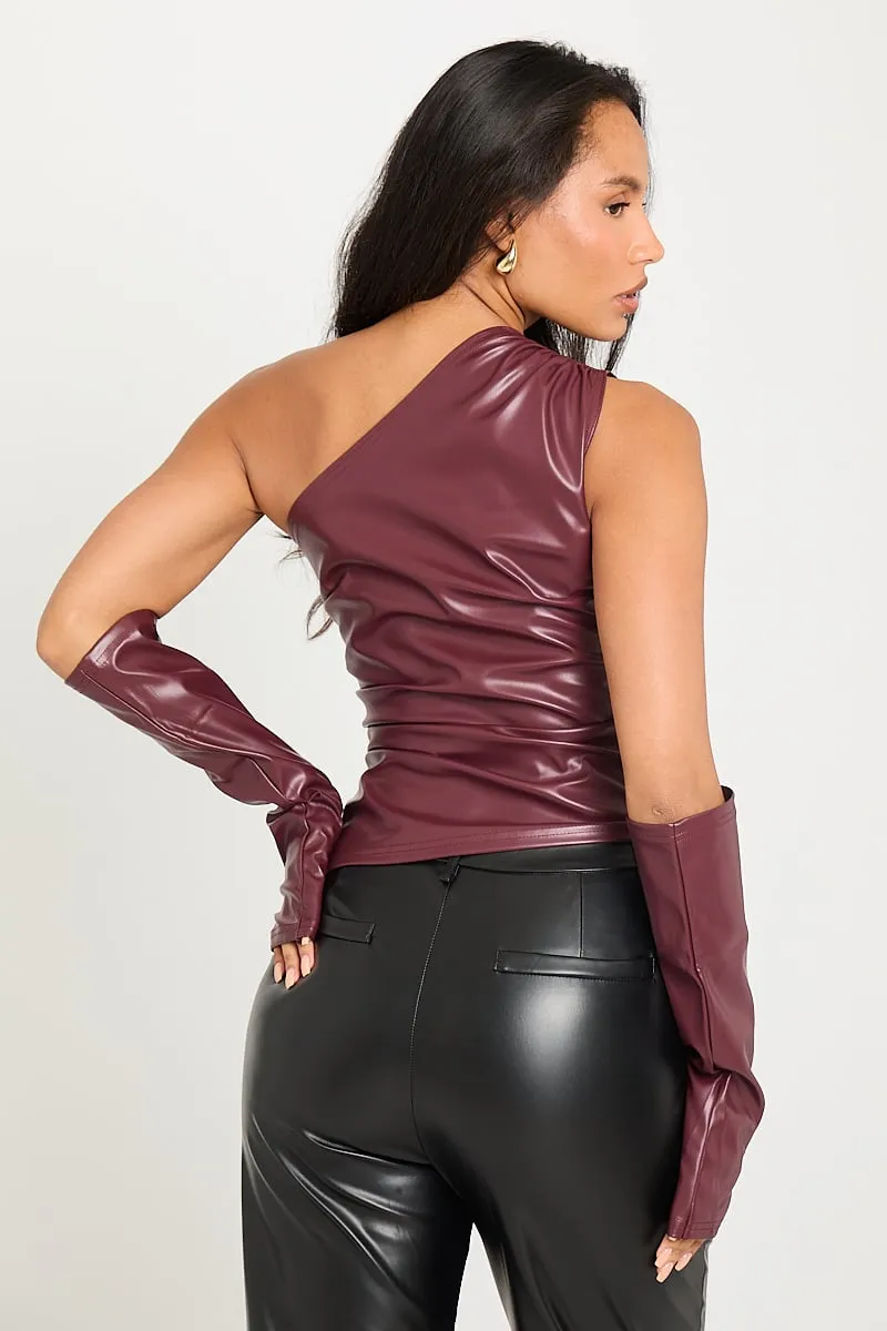 Burgundy Faux Leather One-Shoulder Top | Matching Gloves | Bold Night-Out Glam