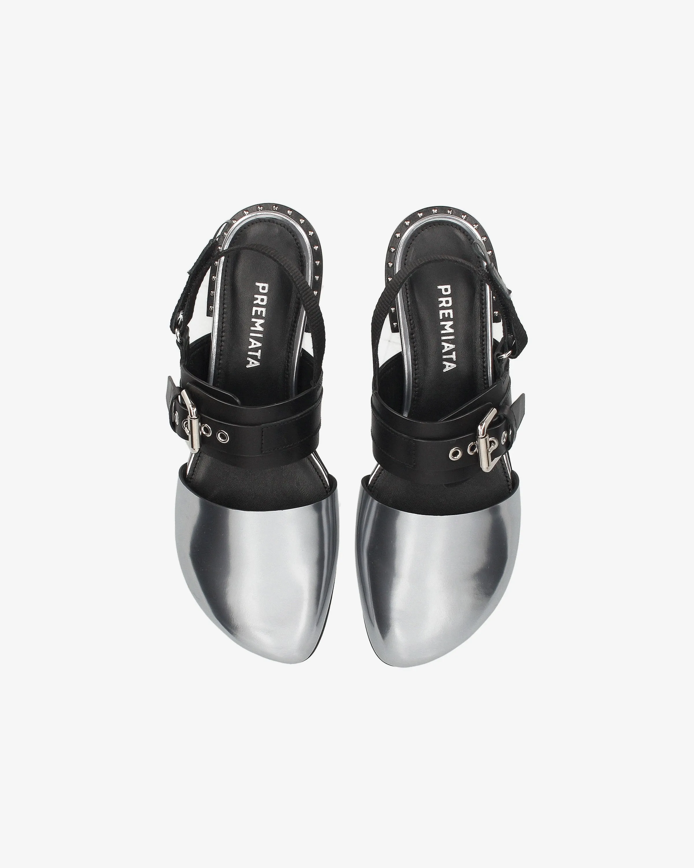 Calfskin loafer with velcro details and studded heel