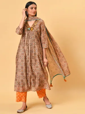 Celebrate in the Indian biscuit coloured printed chanderi Kurta, Pant and dupatta