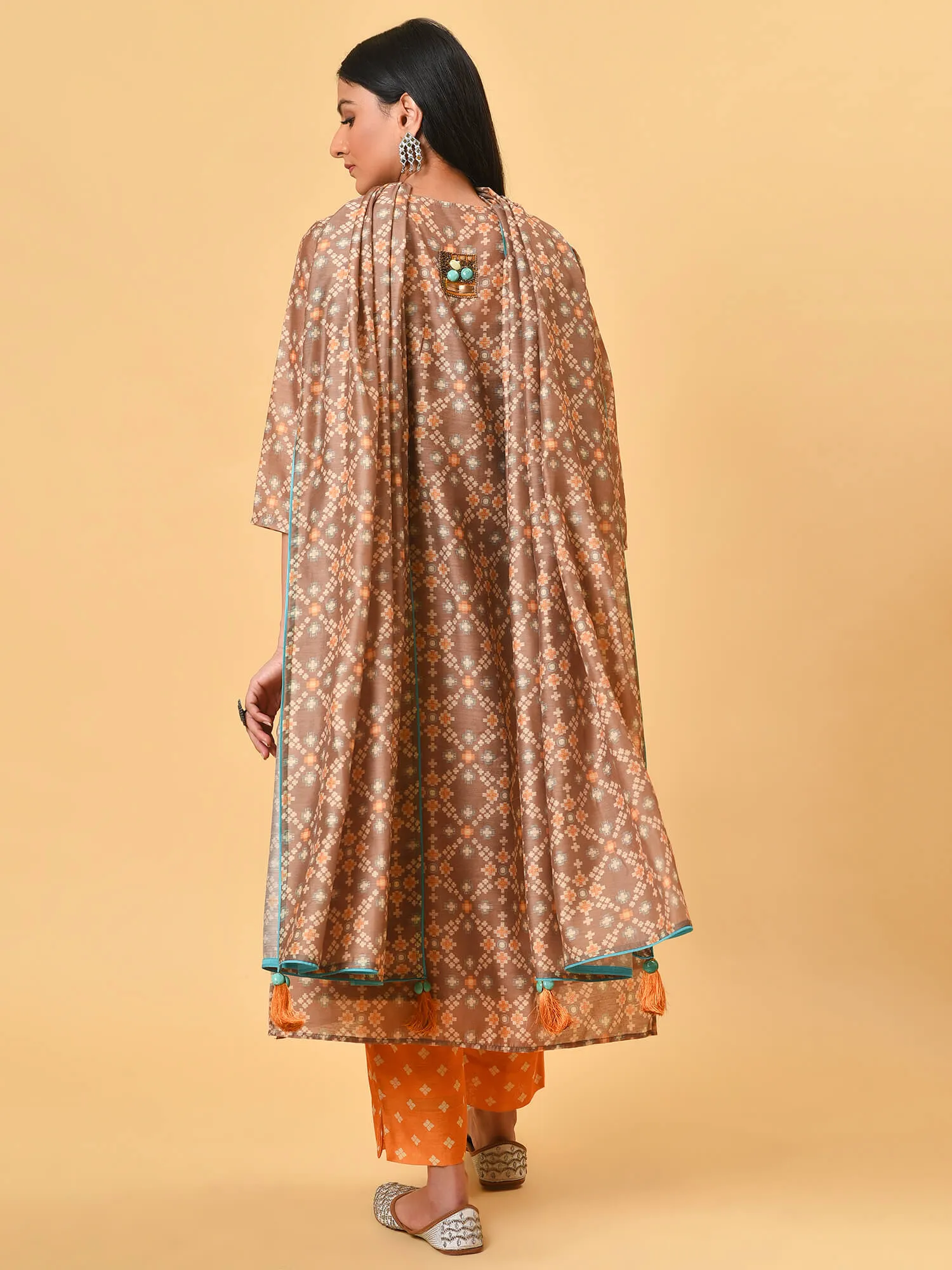 Celebrate in the Indian biscuit coloured printed chanderi Kurta, Pant and dupatta