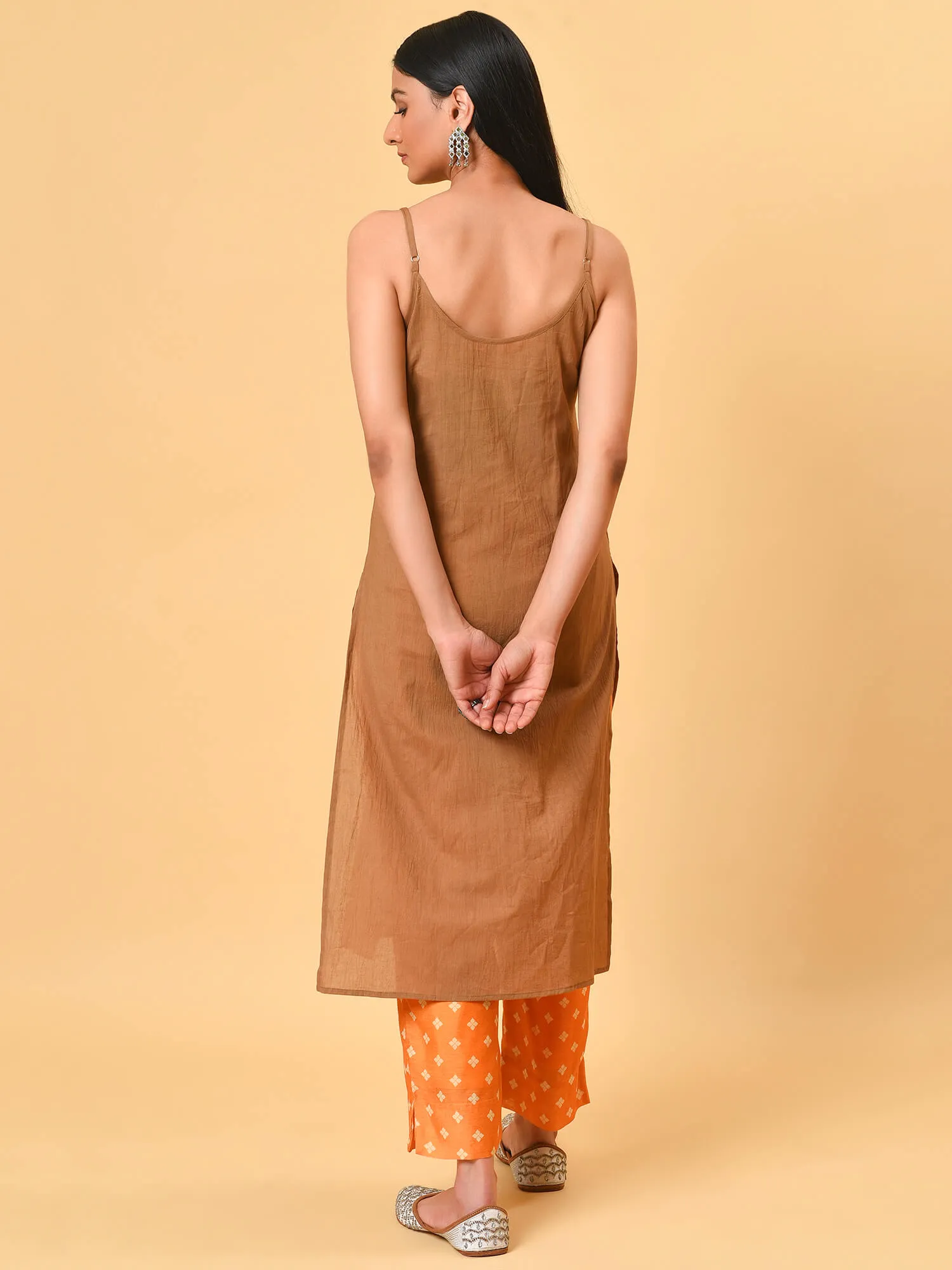 Celebrate in the Indian biscuit coloured printed chanderi Kurta, Pant and dupatta