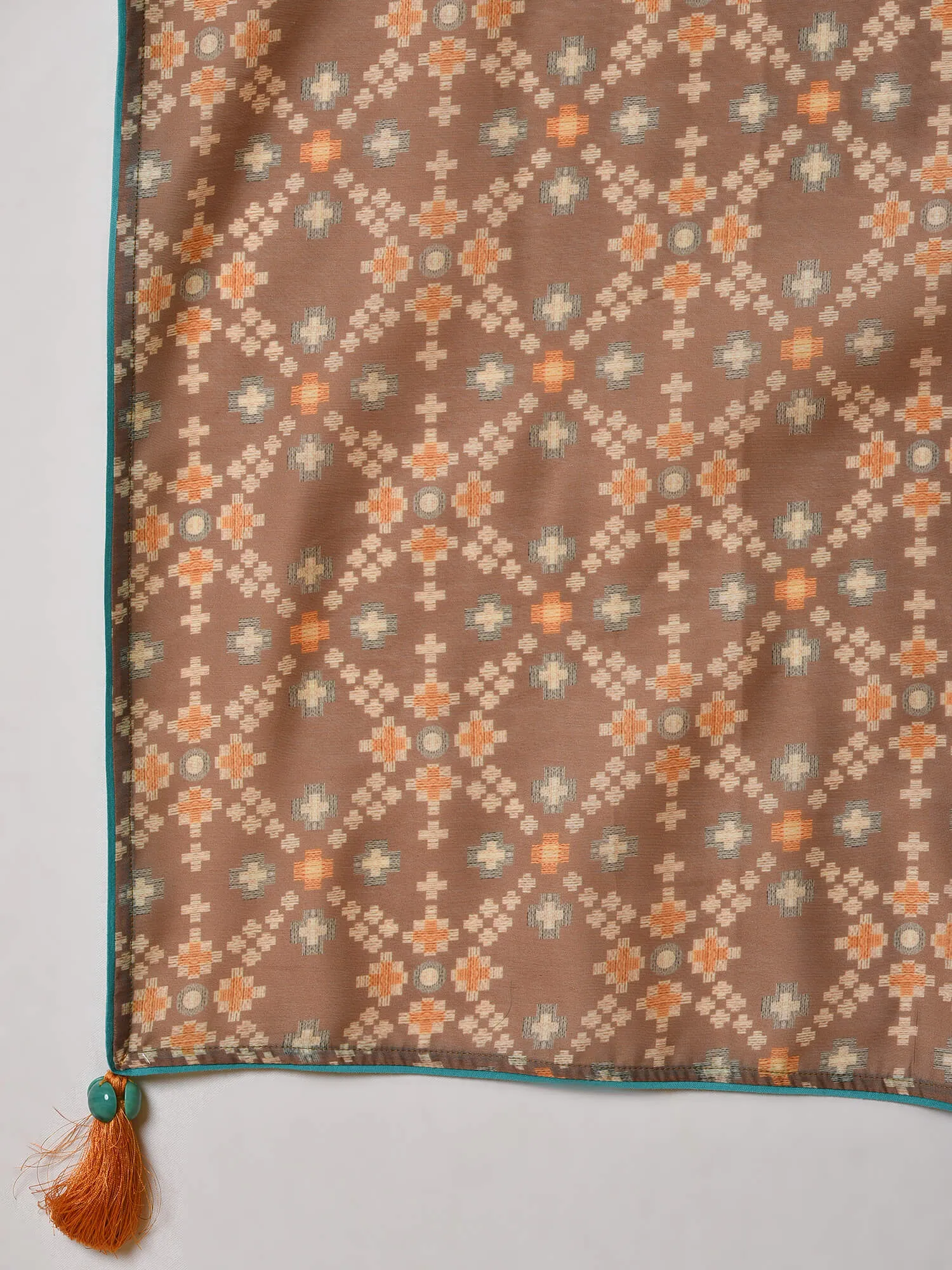 Celebrate in the Indian biscuit coloured printed chanderi Kurta, Pant and dupatta