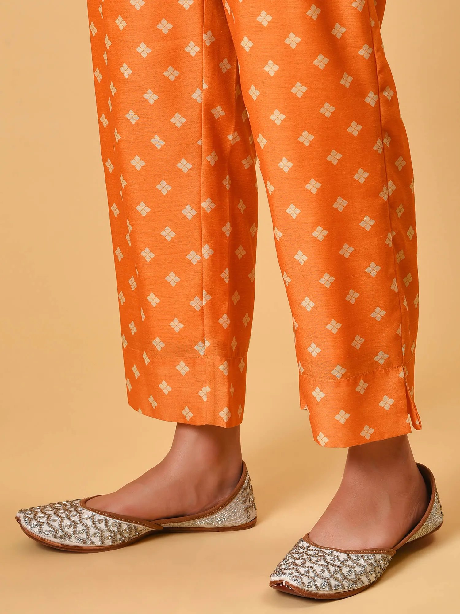 Celebrate in the Indian biscuit coloured printed chanderi Kurta, Pant and dupatta