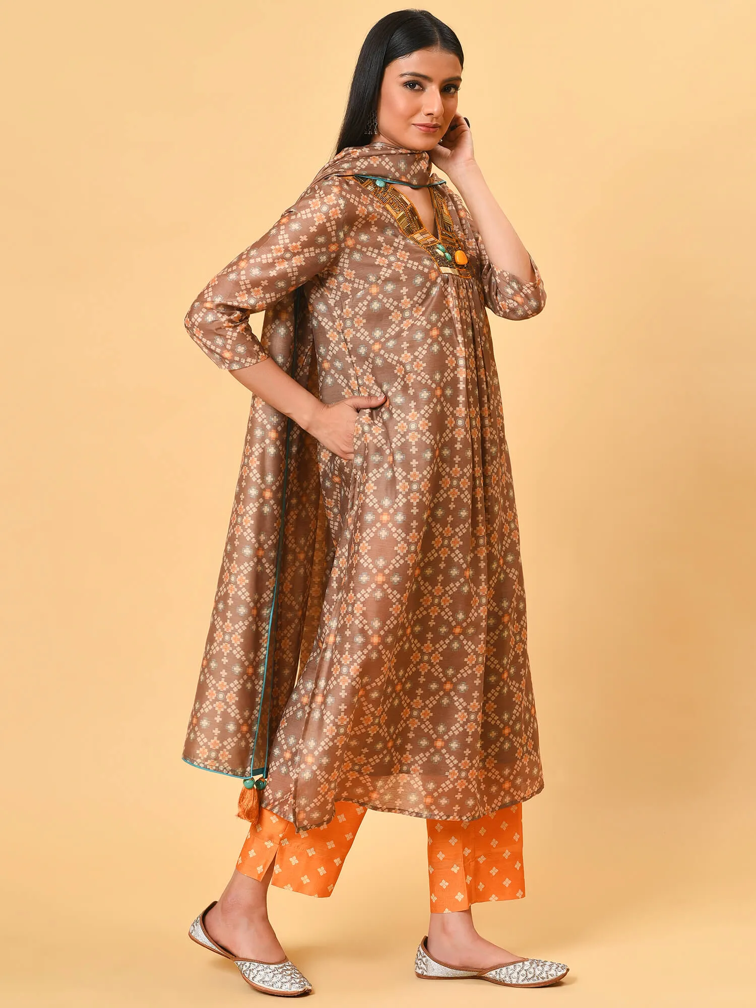 Celebrate in the Indian biscuit coloured printed chanderi Kurta, Pant and dupatta