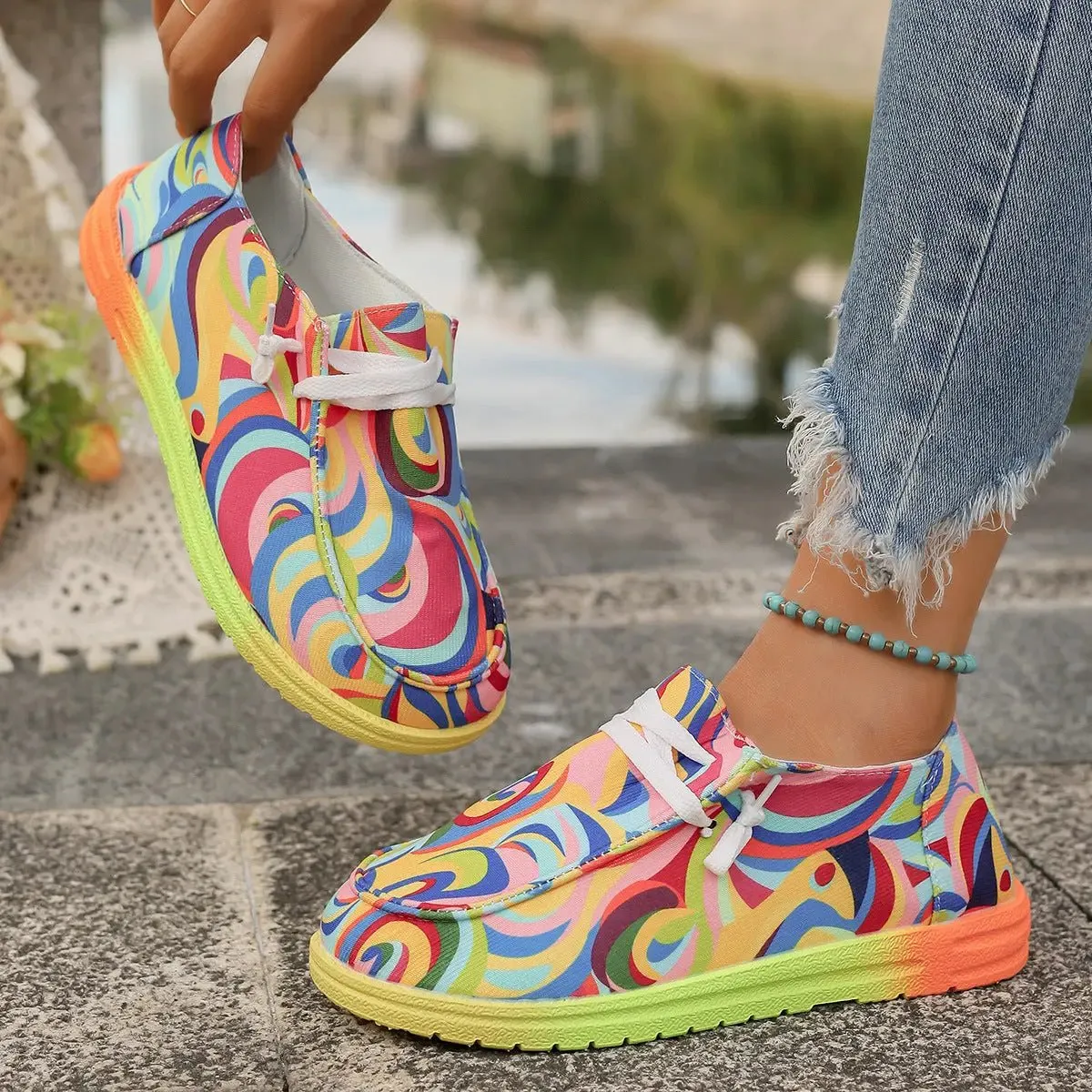 Colorful Round Toe Canvas Slip-Ons