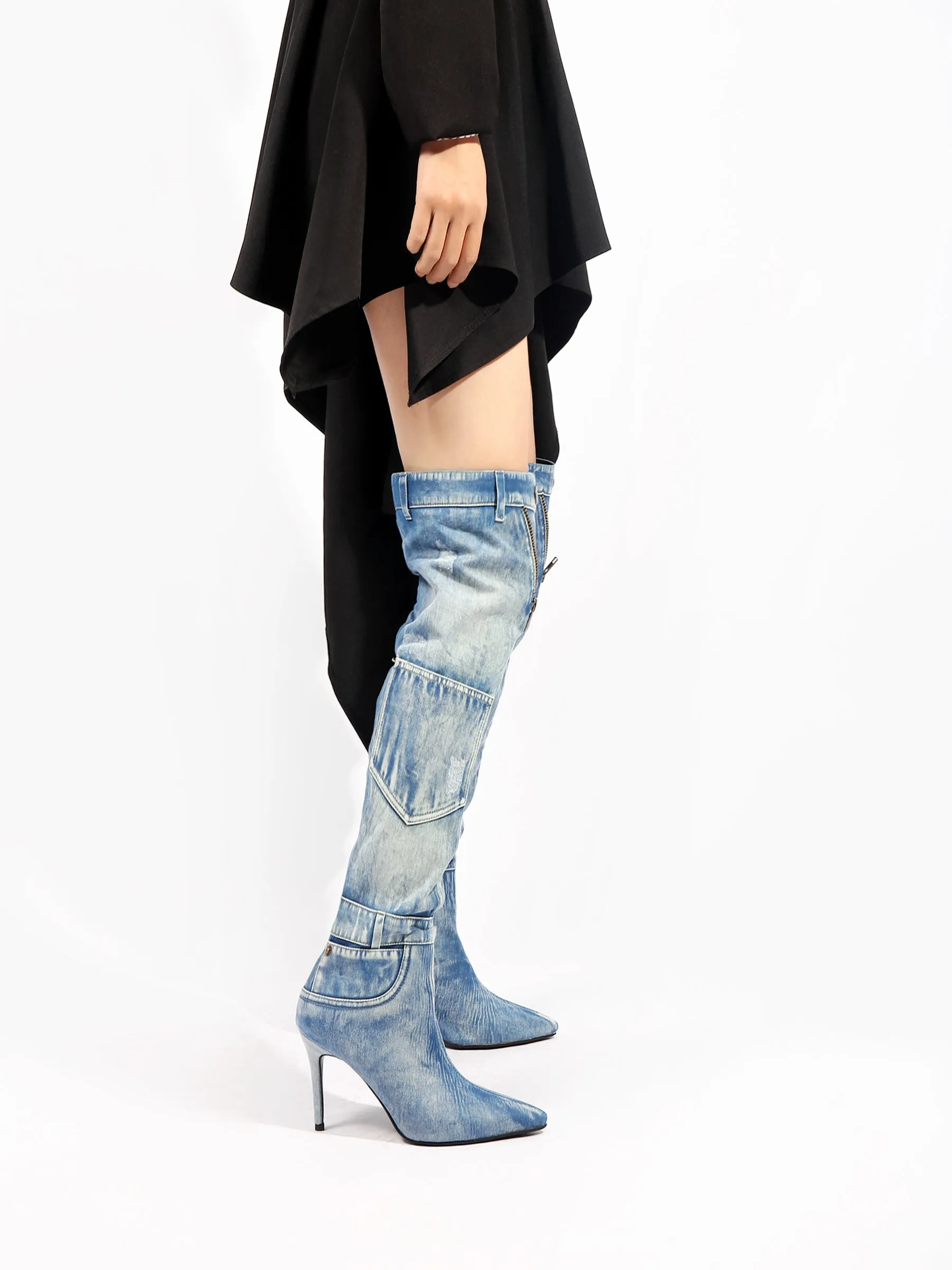 Denim Cannes Heeled Hardware Over Knee Boots