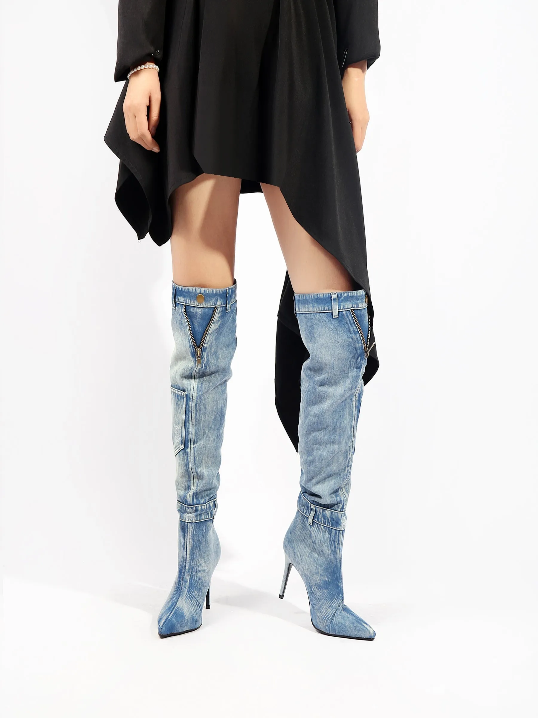 Denim Cannes Heeled Hardware Over Knee Boots