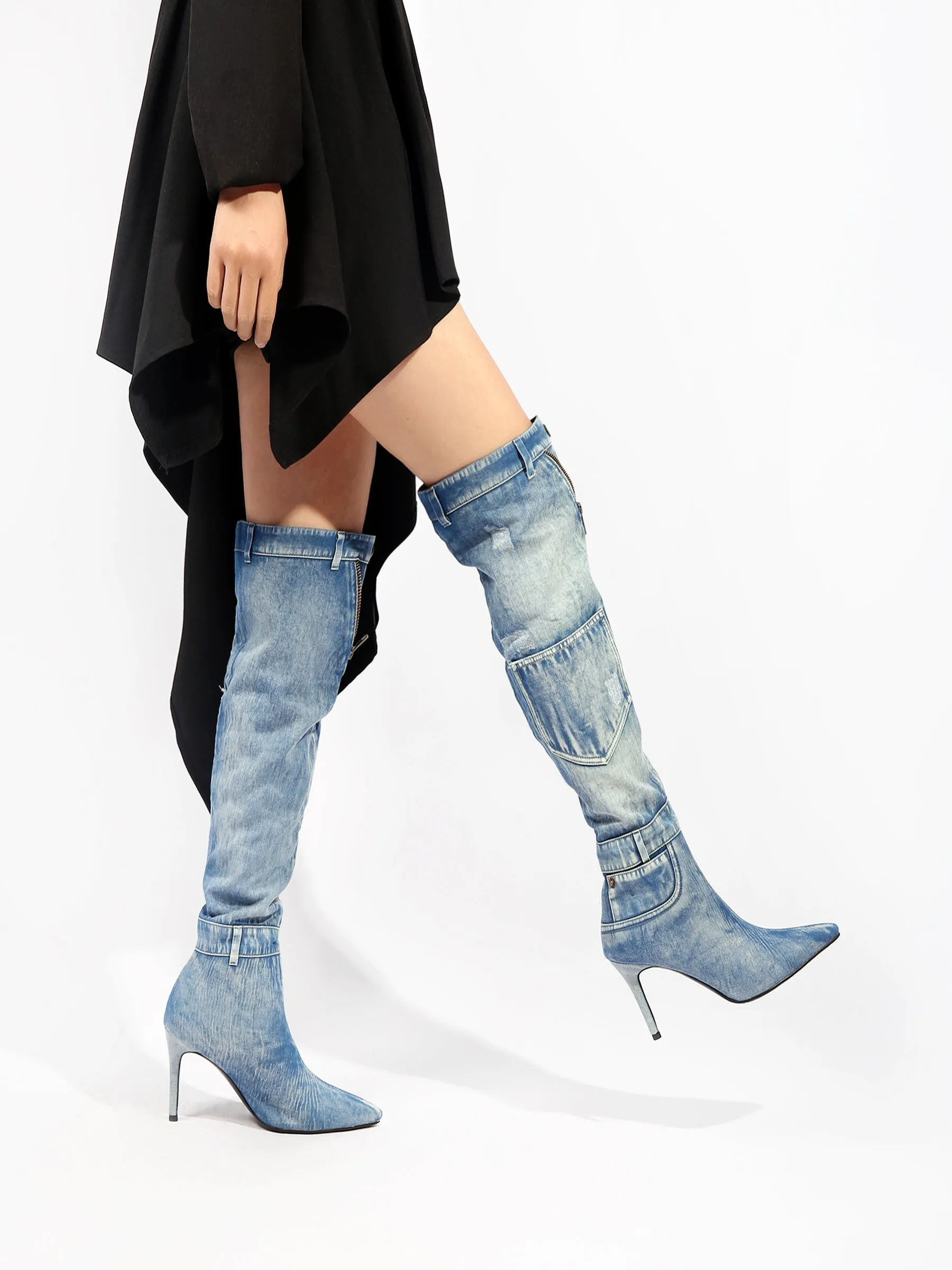 Denim Cannes Heeled Hardware Over Knee Boots
