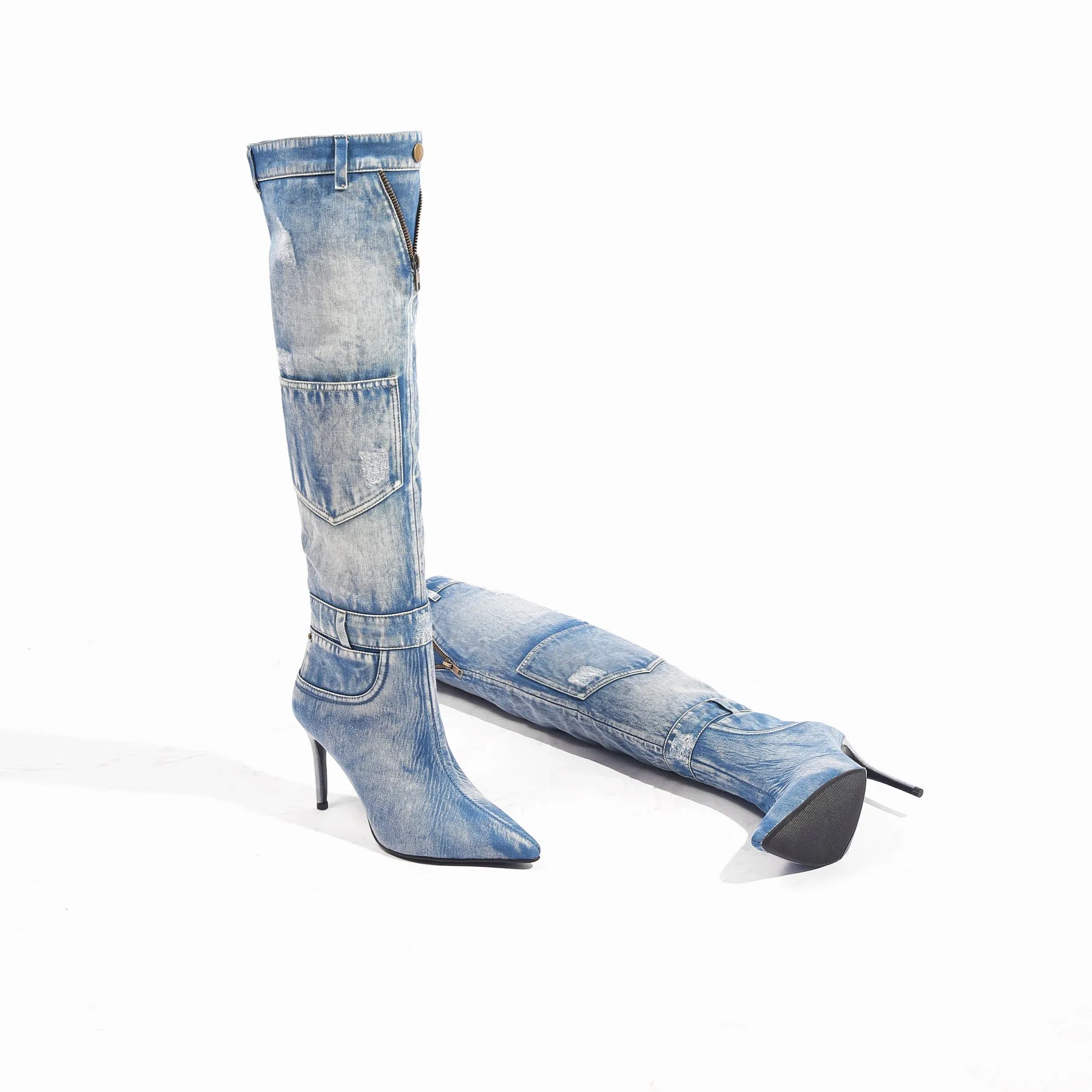 Denim Cannes Heeled Hardware Over Knee Boots