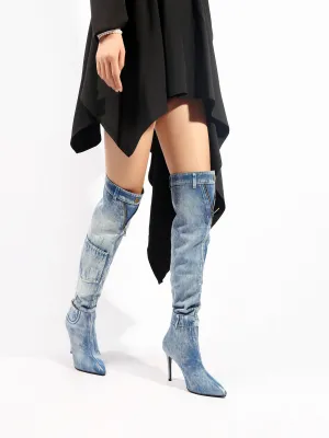 Denim Cannes Heeled Hardware Over Knee Boots