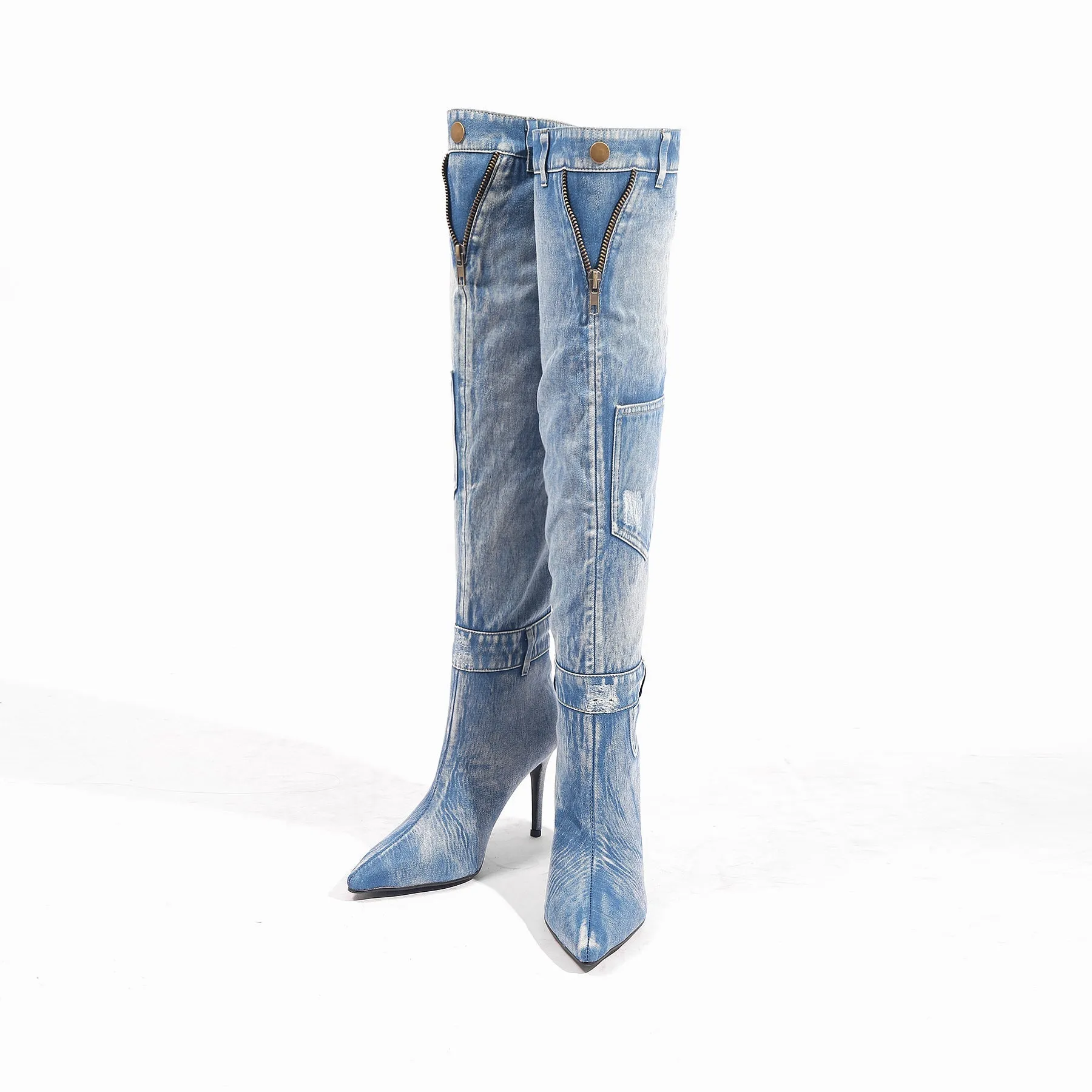 Denim Cannes Heeled Hardware Over Knee Boots