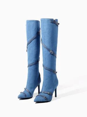 Denim Hardware Knee-High Stilettos Boots