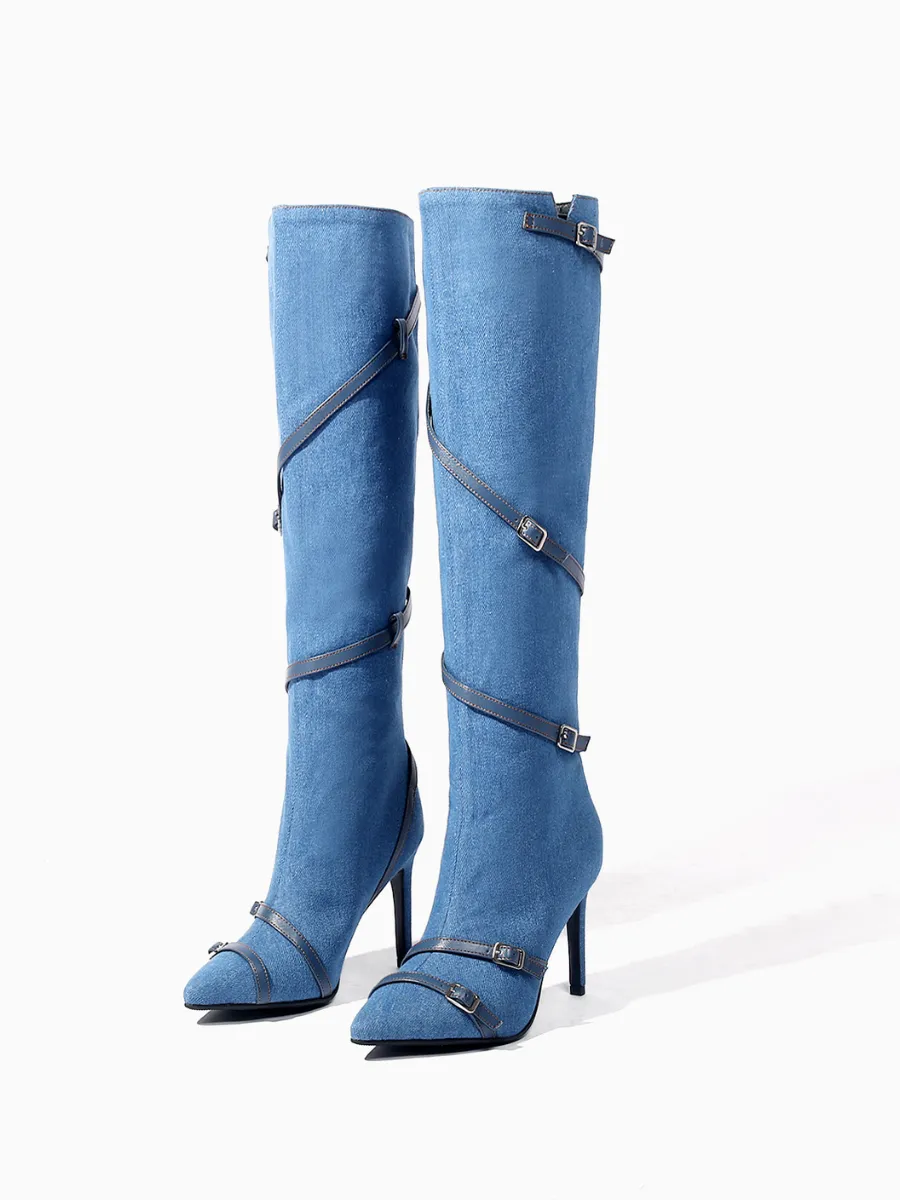 Denim Hardware Knee-High Stilettos Boots