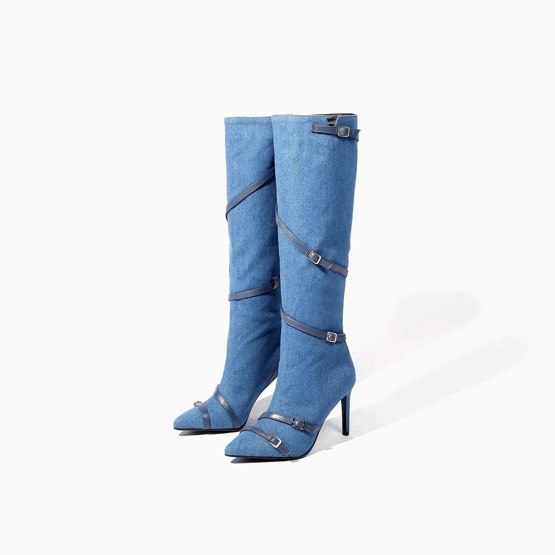 Denim Hardware Knee-High Stilettos Boots