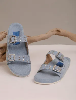 DENIM STUDDED SLIDERS