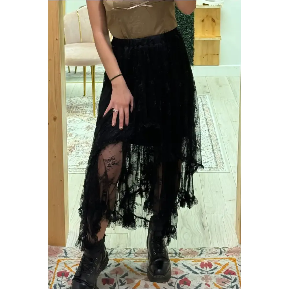 Elegant Black Lace Cascading Tiered High Waist Maxi Skirt