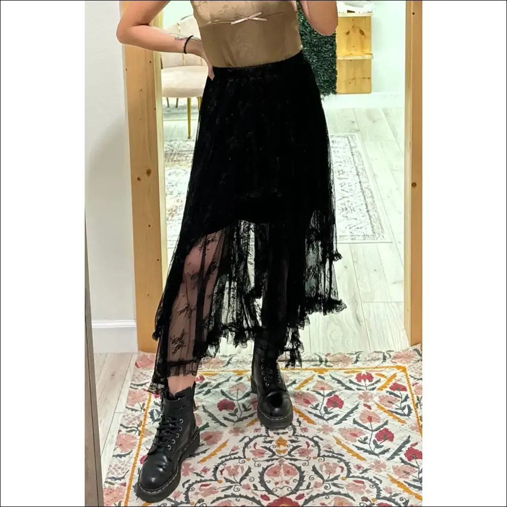Elegant Black Lace Cascading Tiered High Waist Maxi Skirt