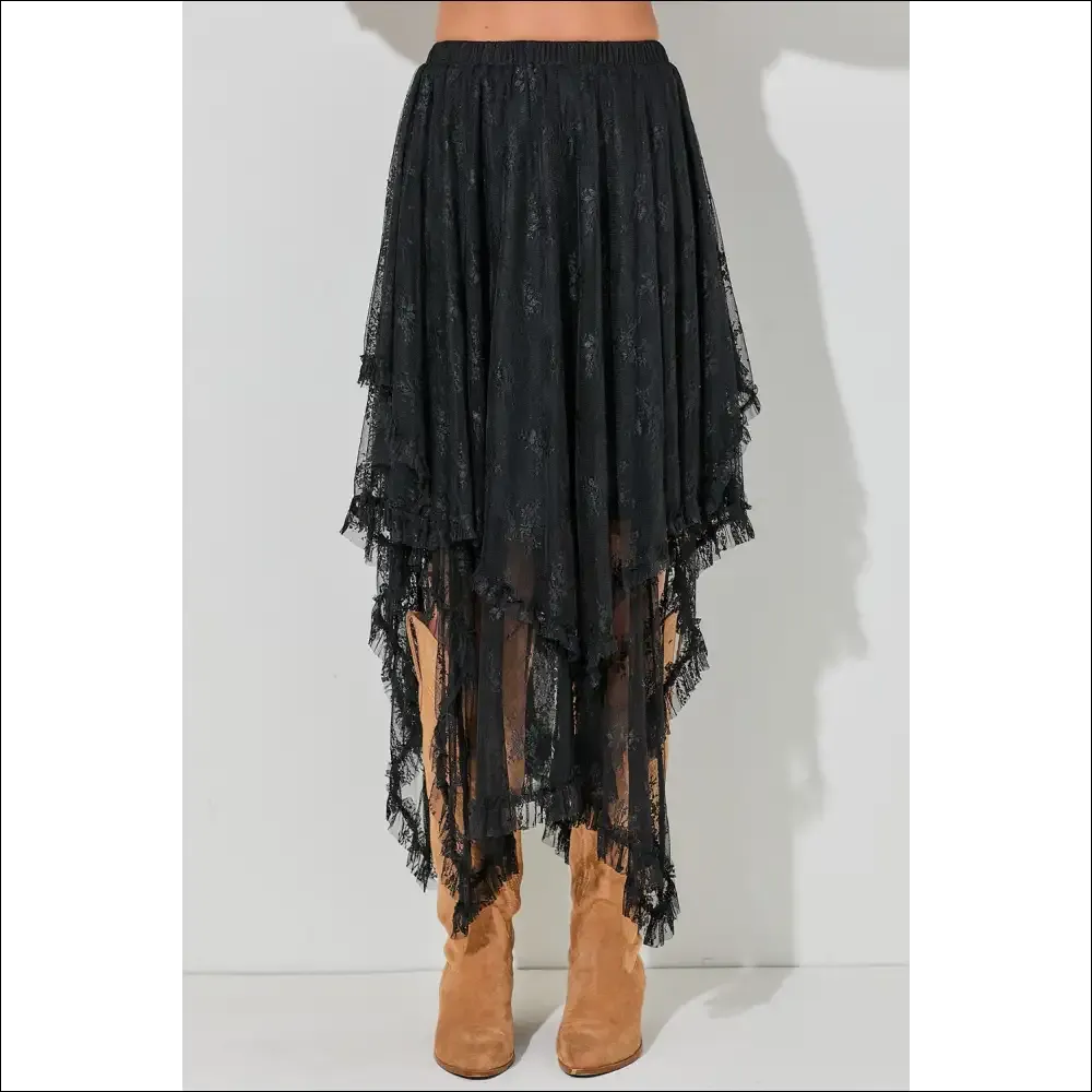 Elegant Black Lace Cascading Tiered High Waist Maxi Skirt