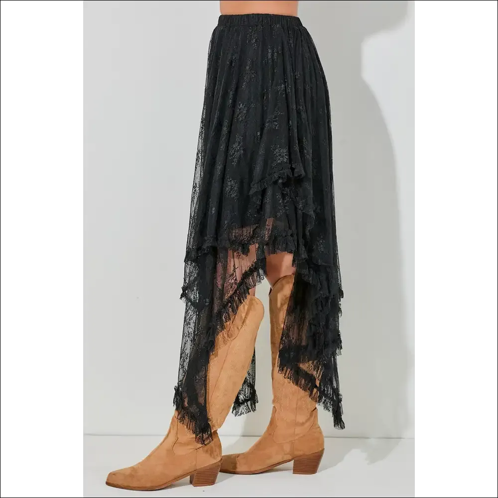 Elegant Black Lace Cascading Tiered High Waist Maxi Skirt