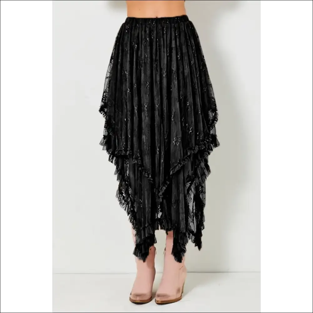 Elegant Black Lace Cascading Tiered High Waist Maxi Skirt