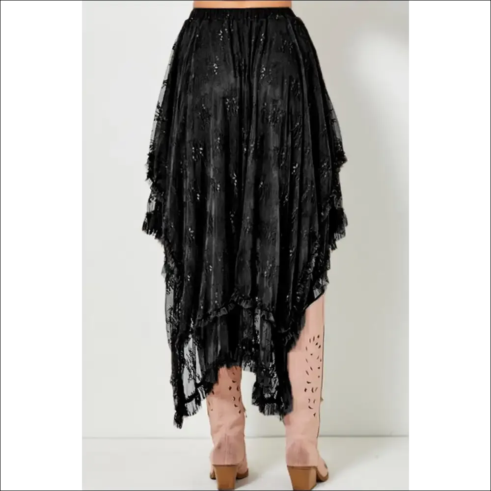 Elegant Black Lace Cascading Tiered High Waist Maxi Skirt