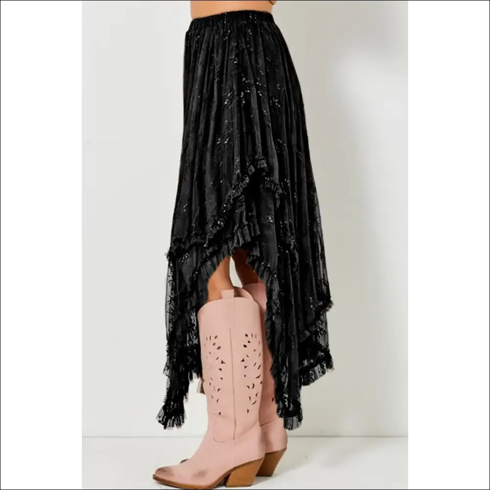 Elegant Black Lace Cascading Tiered High Waist Maxi Skirt