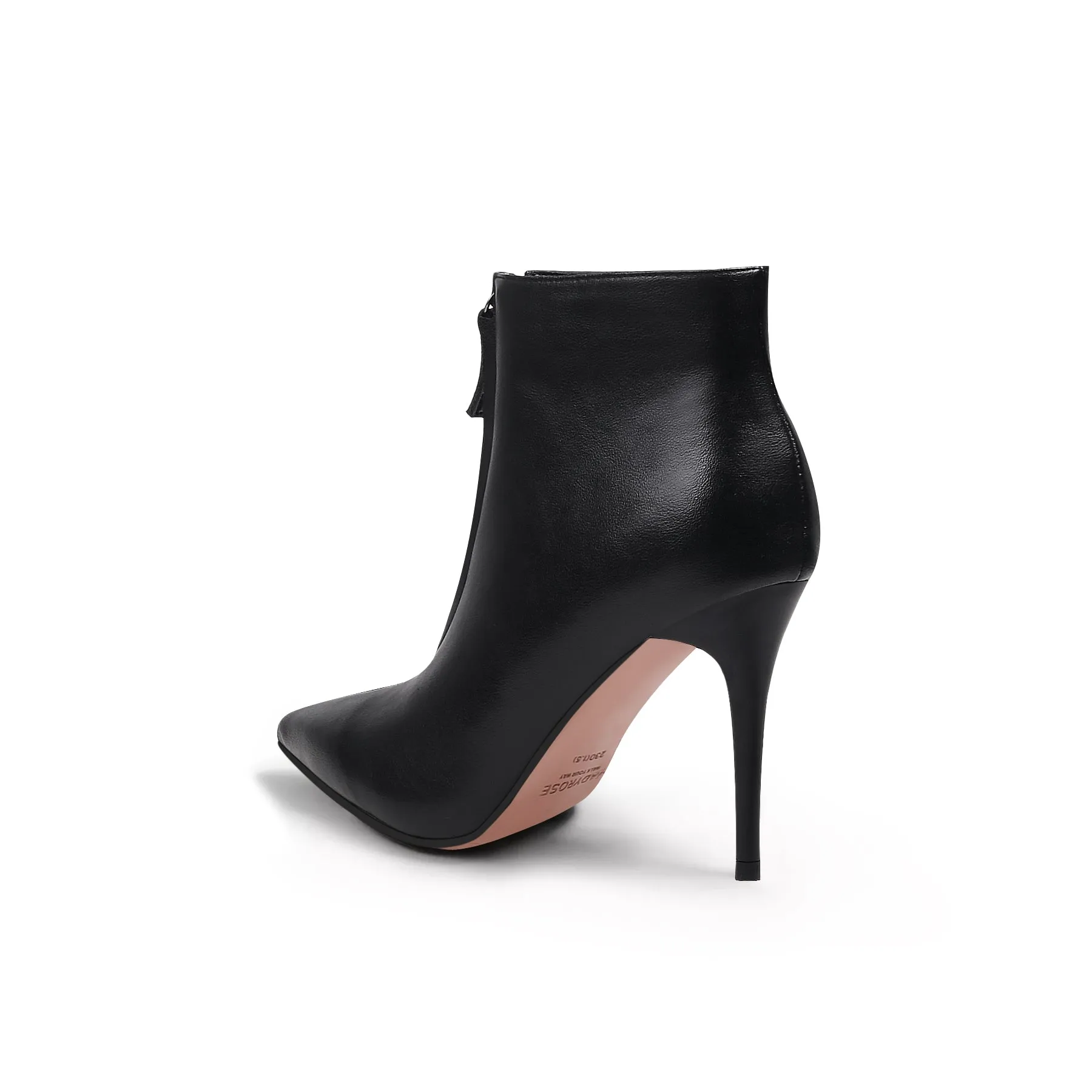 Front Zipper Leather Stiletto Bootie - Black