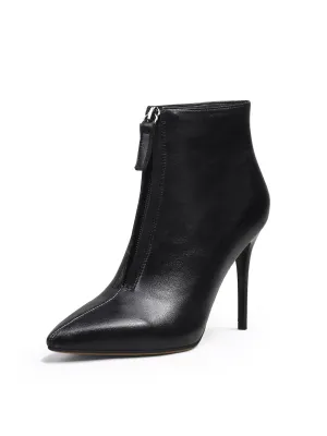 Front Zipper Leather Stiletto Bootie - Black