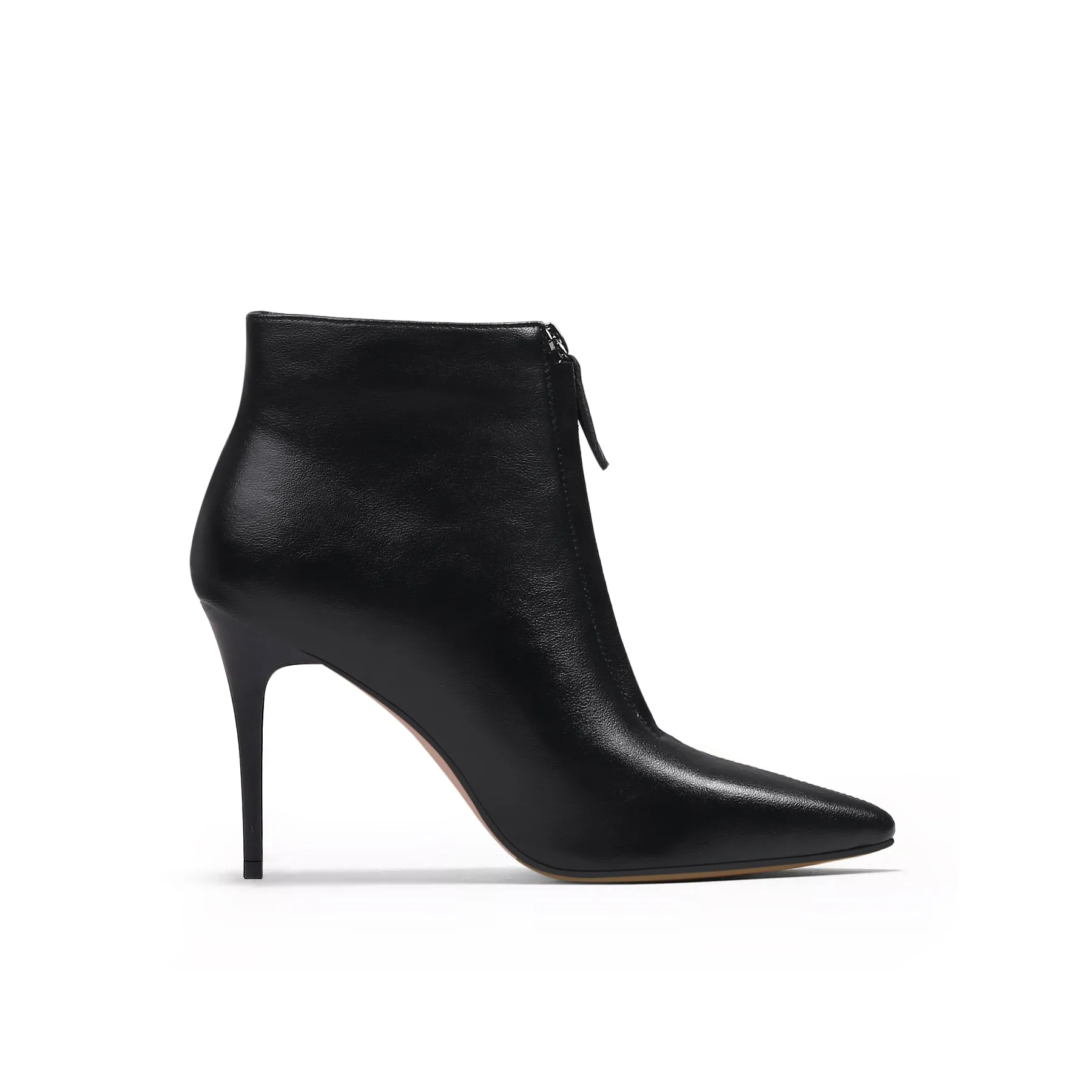 Front Zipper Leather Stiletto Bootie - Black