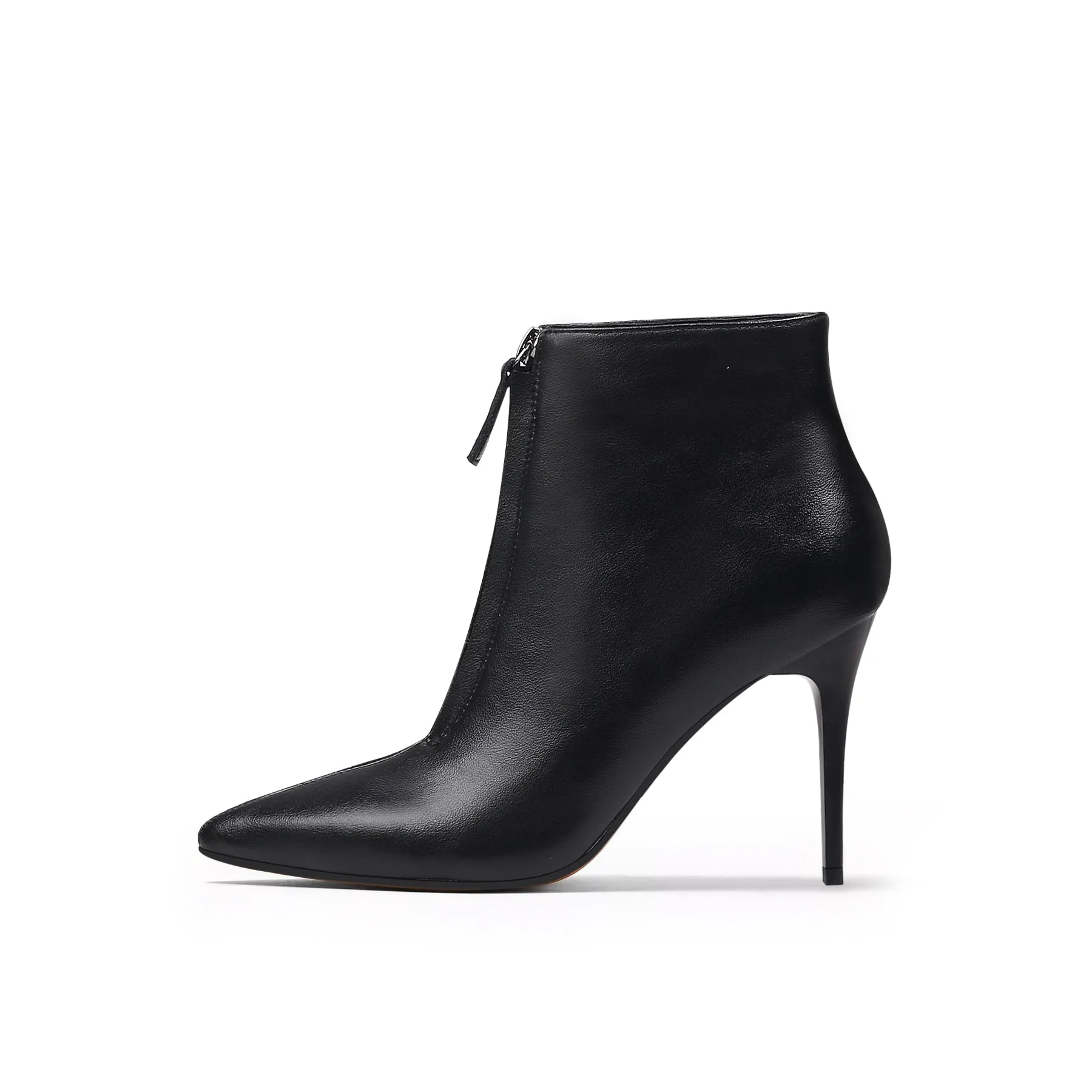 Front Zipper Leather Stiletto Bootie - Black