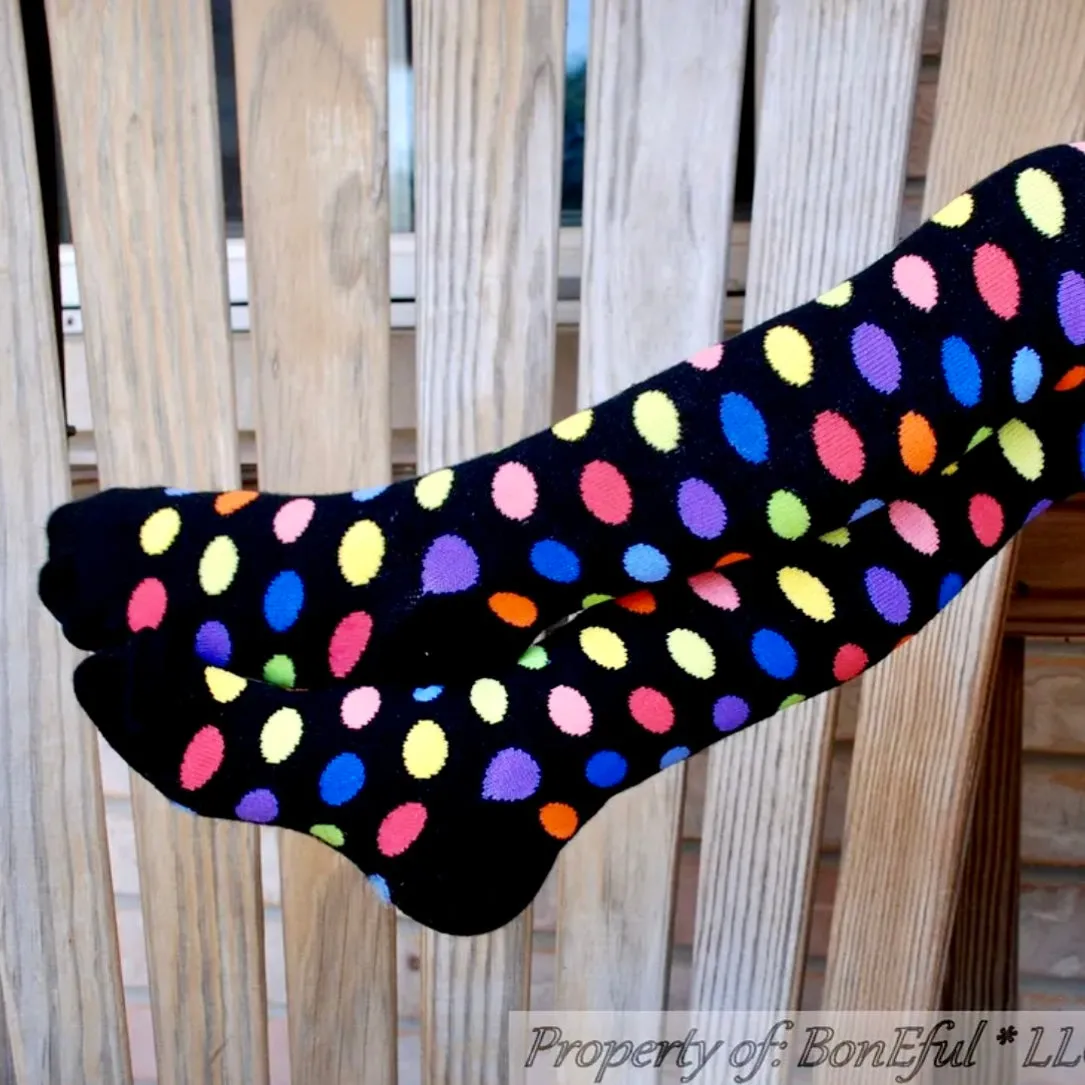 Knee Socks Kids 9-11 Rainbow Black Color Polka Dot High Fashion