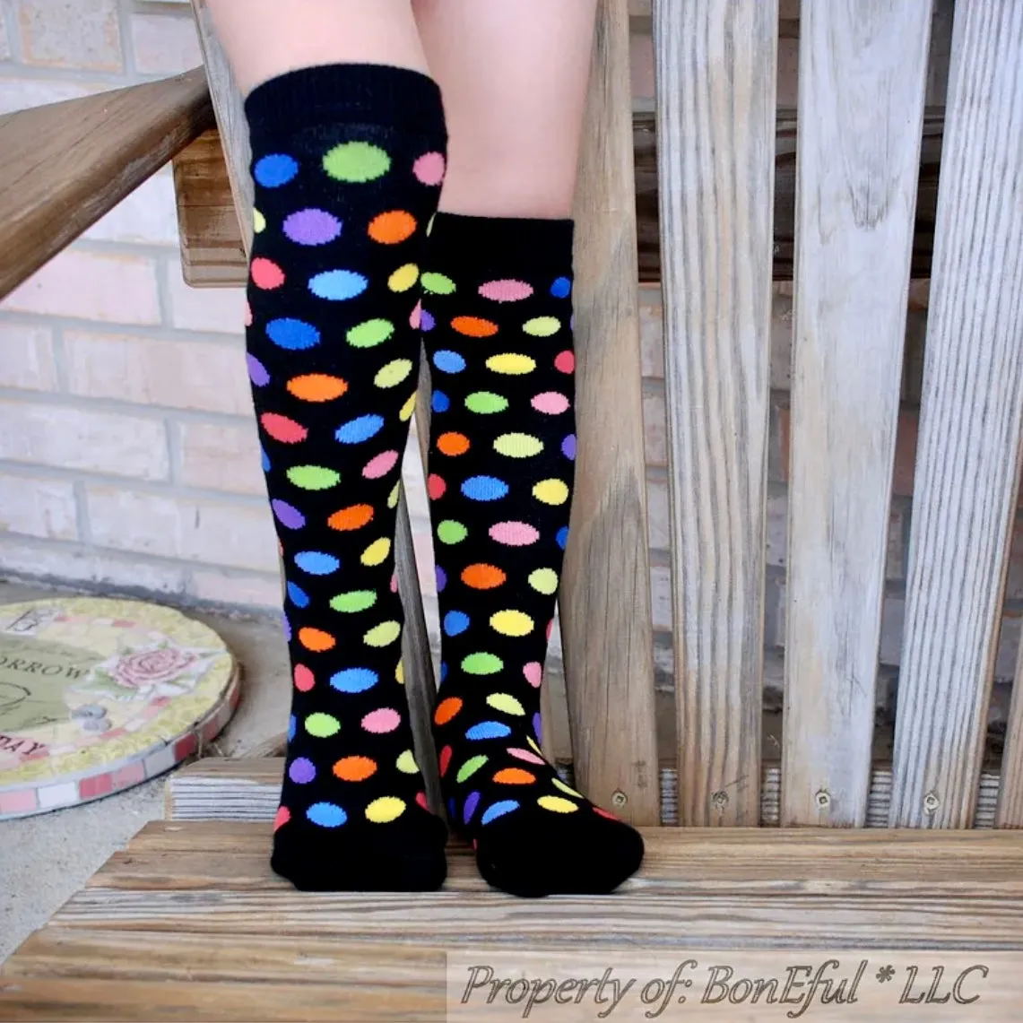 Knee Socks Kids 9-11 Rainbow Black Color Polka Dot High Fashion