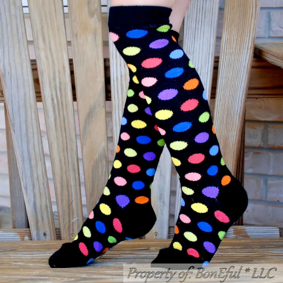 Knee Socks Kids 9-11 Rainbow Black Color Polka Dot High Fashion