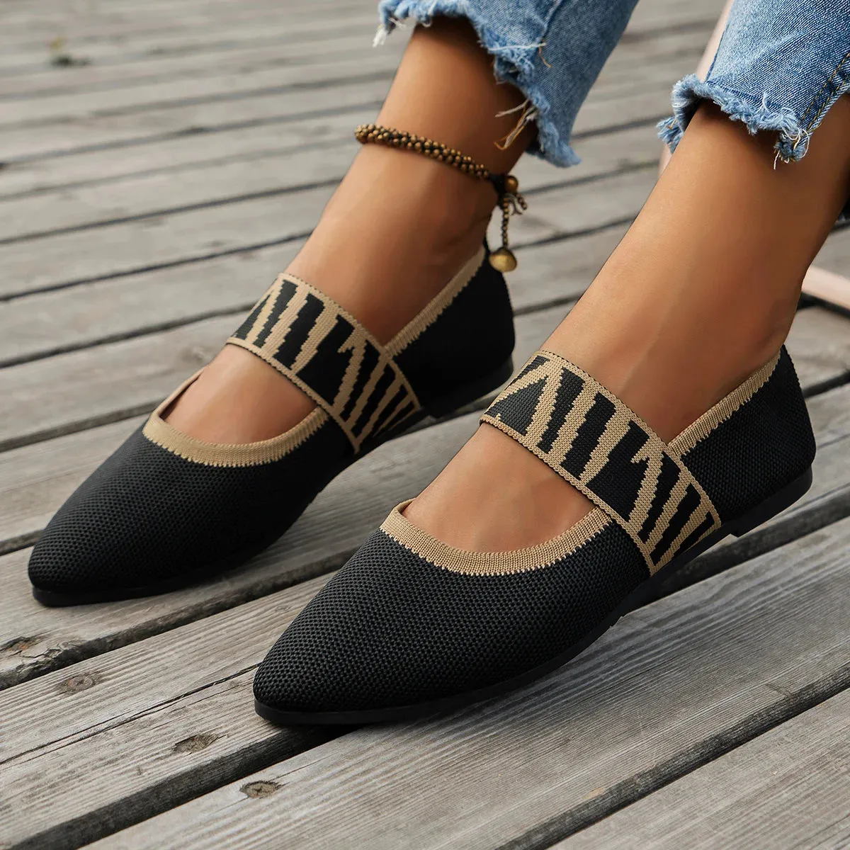 Knitted Color-Block Flats - Women's Dressy Ballet Flats, Casual Striped Strap Pointed Toe Loafers