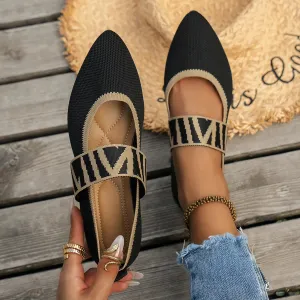 Knitted Color-Block Flats - Women's Dressy Ballet Flats, Casual Striped Strap Pointed Toe Loafers