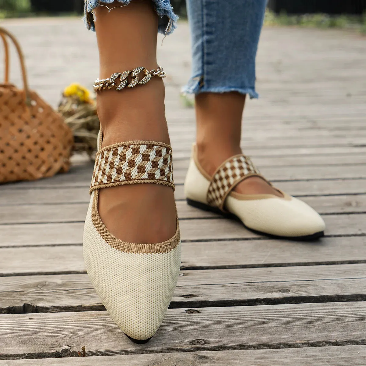 Knitted Color-Block Flats - Women's Dressy Ballet Flats, Casual Striped Strap Pointed Toe Loafers