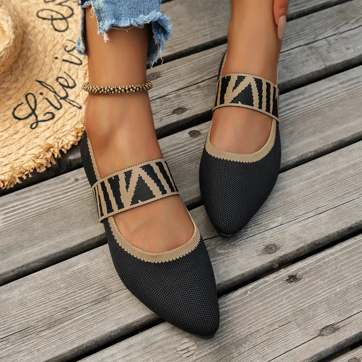 Knitted Color-Block Flats - Women's Dressy Ballet Flats, Casual Striped Strap Pointed Toe Loafers