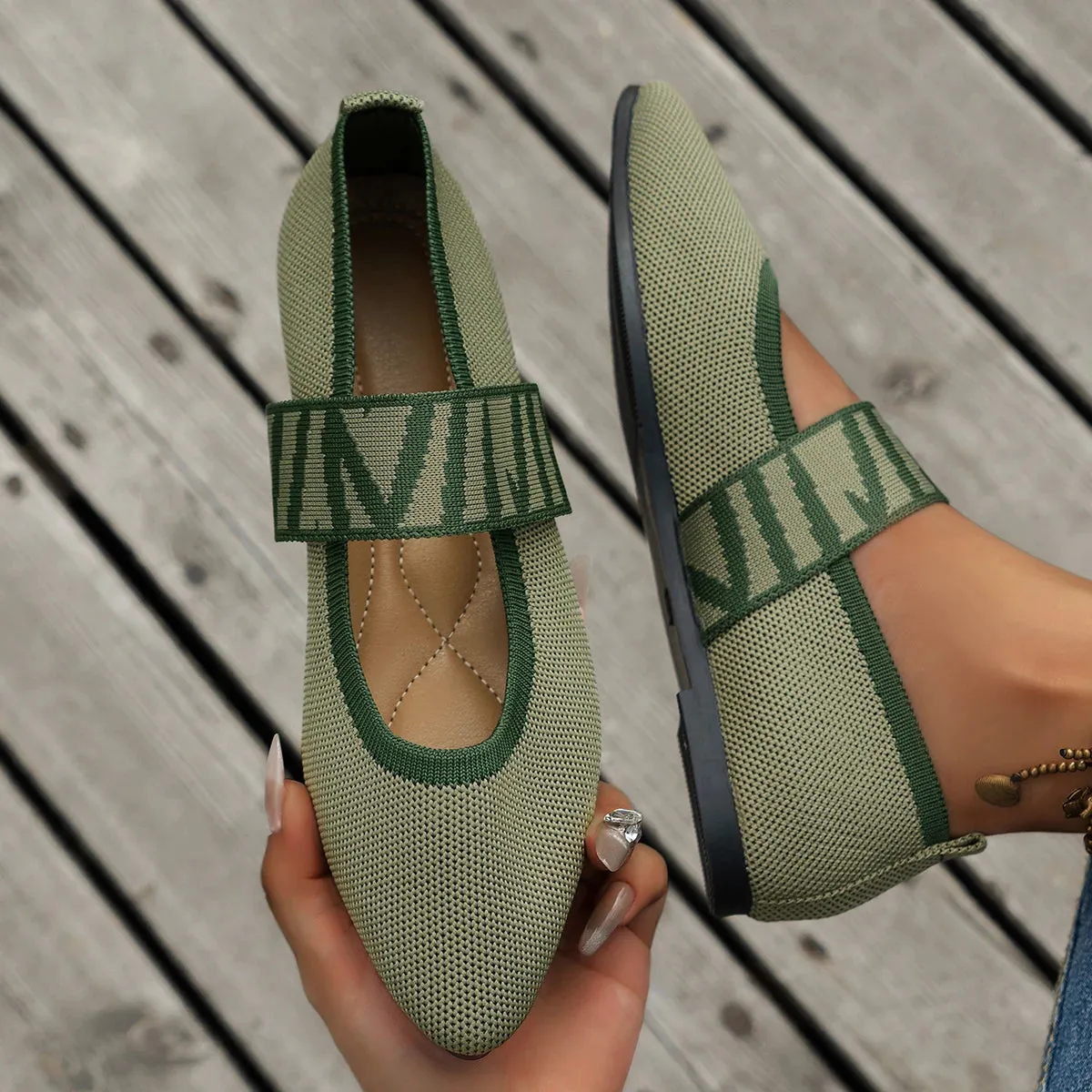 Knitted Color-Block Flats - Women's Dressy Ballet Flats, Casual Striped Strap Pointed Toe Loafers