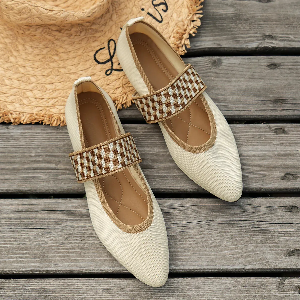 Knitted Color-Block Flats - Women's Dressy Ballet Flats, Casual Striped Strap Pointed Toe Loafers